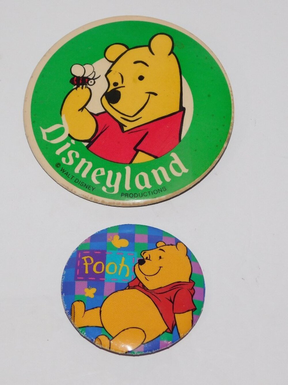 Winnie the Pooh Pin Back Buttons 2 Vintage Disney Disneyland 3.5" & 2.25"